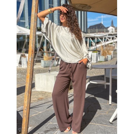 Blouse fluide oversize effet satiné taupe ALBA