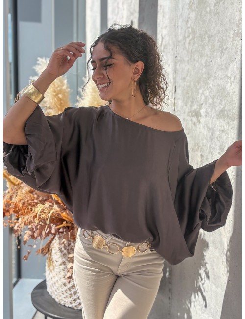 Blouse fluide oversize effet satiné choco ALBA
