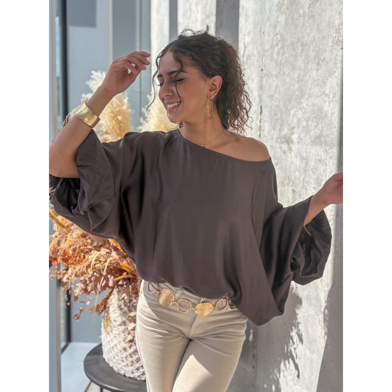 Blouse fluide oversize effet satiné choco ALBA