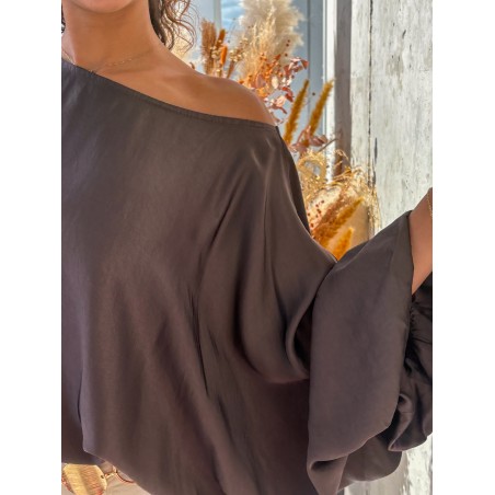 Blouse fluide oversize effet satiné choco ALBA