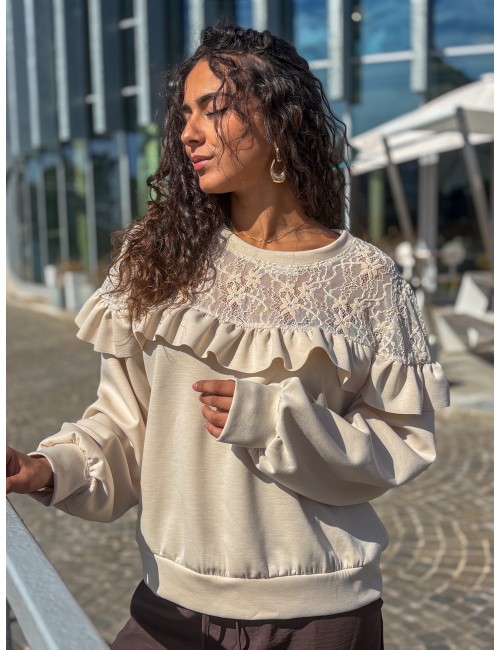 Sweat-shirt fluide à dentelle florale beige AUDE