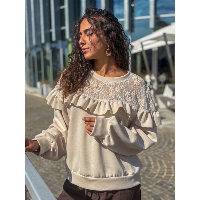 Sweat-shirt fluide à dentelle florale beige AUDE