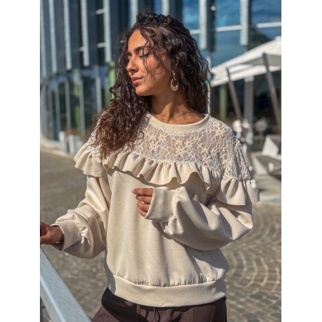 Sweat-shirt fluide à dentelle florale beige AUDE
