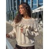 Sweat-shirt fluide à dentelle florale beige AUDE