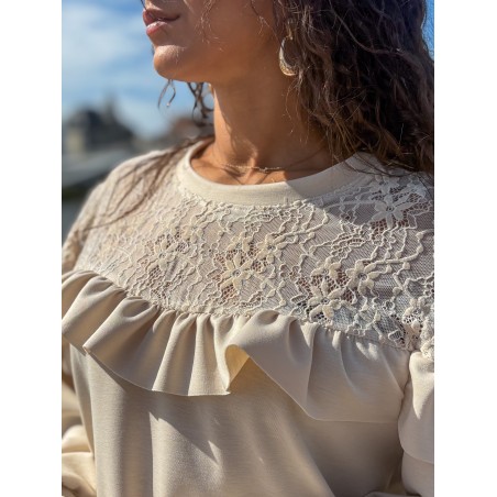 Sweat-shirt fluide à dentelle florale beige AUDE