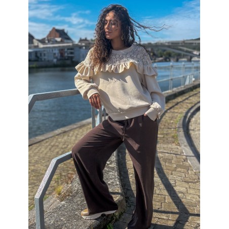 Sweat-shirt fluide à dentelle florale beige AUDE