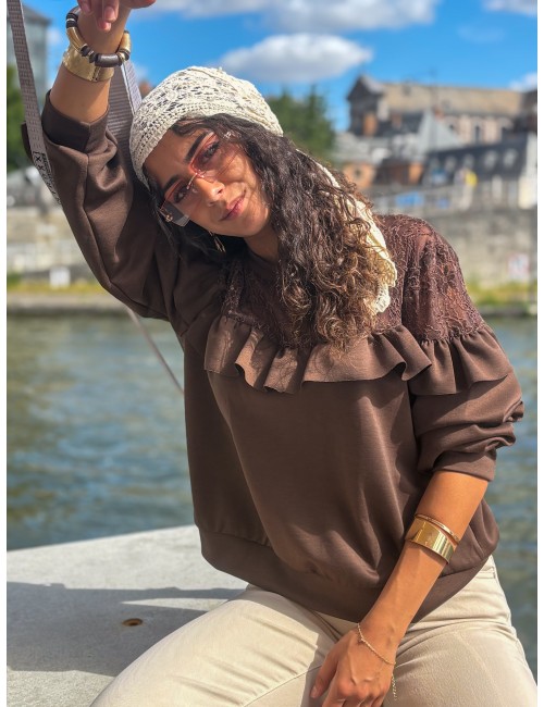 Sweat-shirt fluide à dentelle florale choco AUDE
