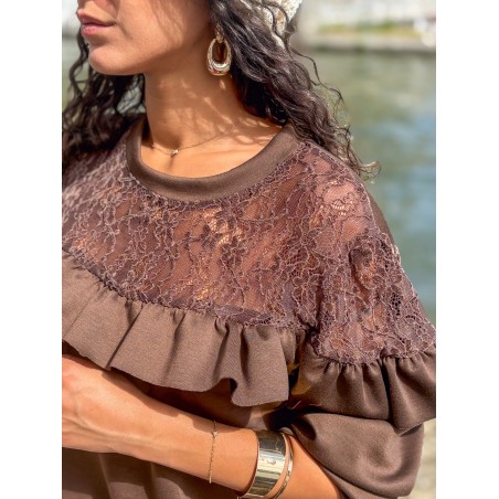 Sweat-shirt fluide à dentelle florale choco AUDE