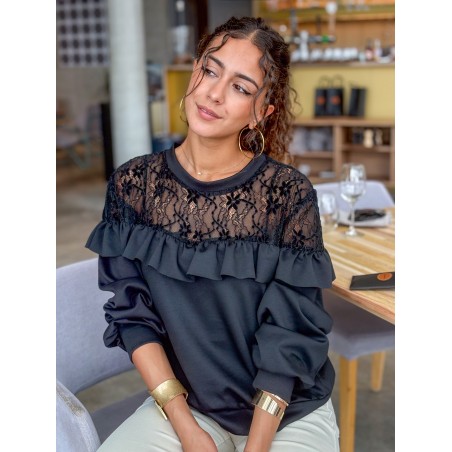Sweat-shirt fluide à dentelle florale noir AUDE
