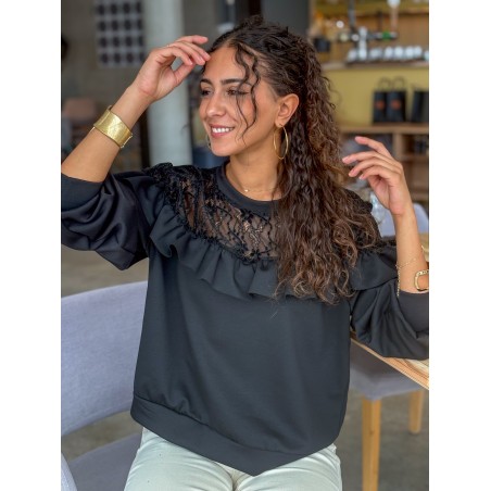 Sweat-shirt fluide à dentelle florale noir AUDE