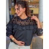 Sweat-shirt fluide à dentelle florale noir AUDE