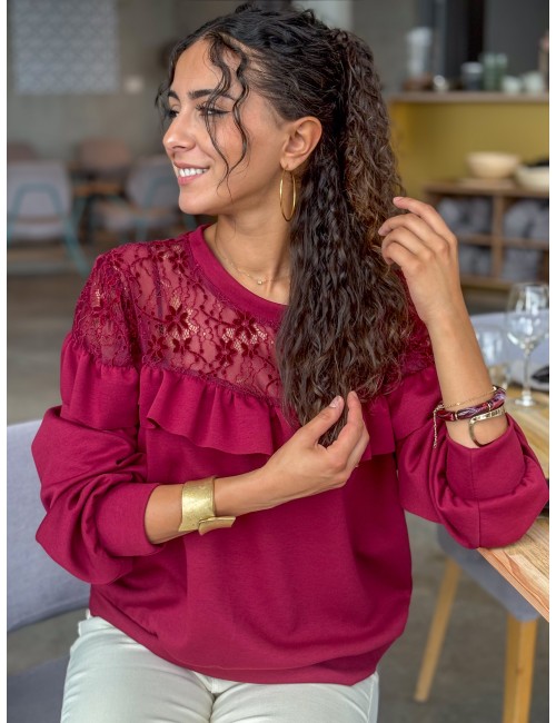 Sweat-shirt fluide à dentelle florale bordeaux AUDE