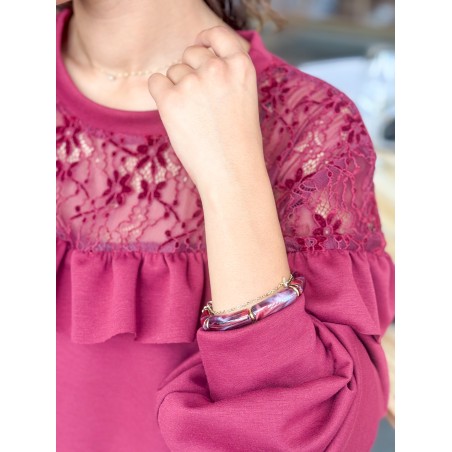 Sweat-shirt fluide à dentelle florale bordeaux AUDE