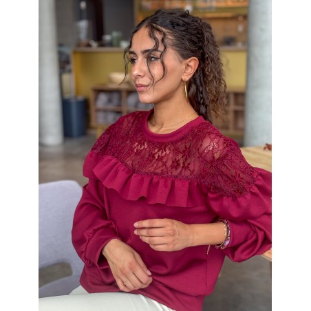 Sweat-shirt fluide à dentelle florale bordeaux AUDE