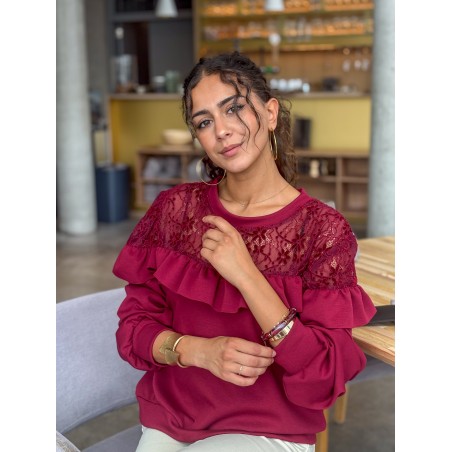 Sweat-shirt fluide à dentelle florale bordeaux AUDE