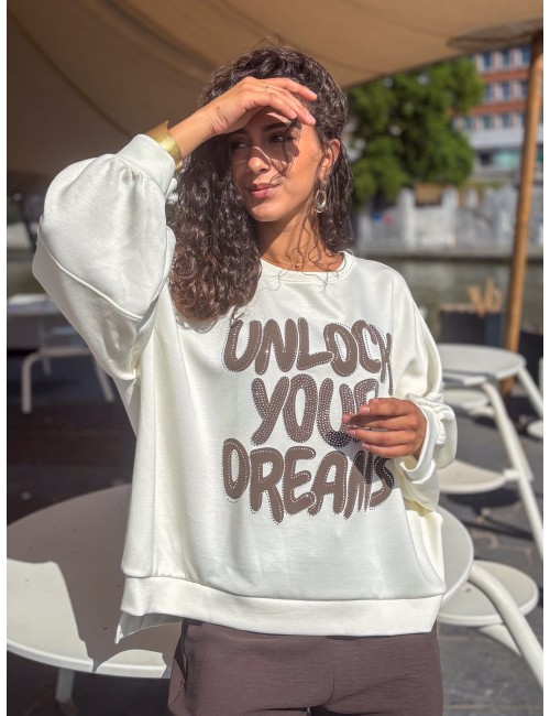 Sweat-shirt oversize à motifs en strass beige FANNY