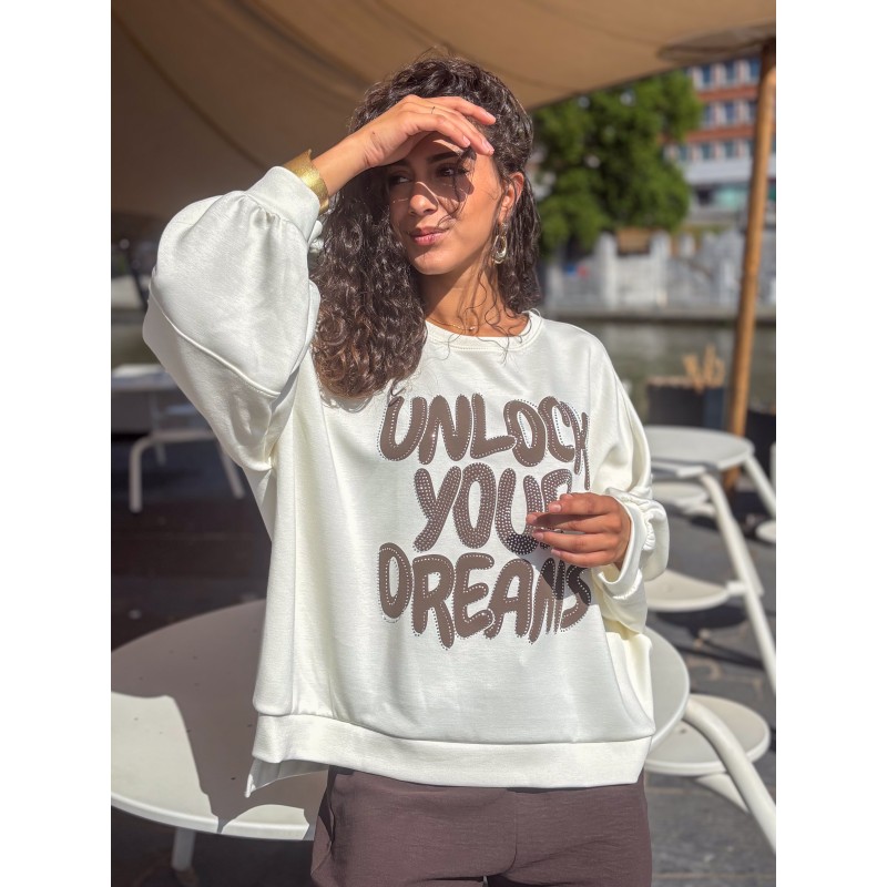 Sweat-shirt oversize à motifs en strass beige FANNY