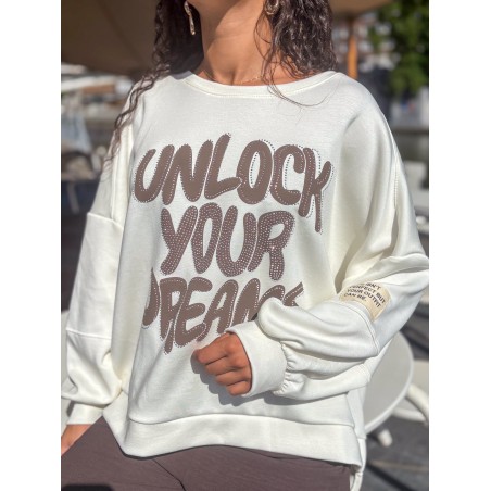 Sweat-shirt oversize à motifs en strass beige FANNY