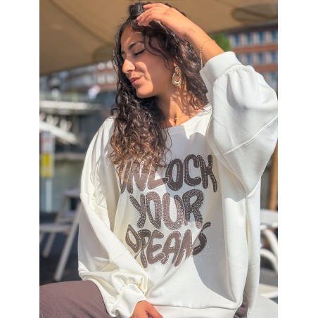 Sweat-shirt oversize à motifs en strass beige FANNY