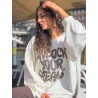 Sweat-shirt oversize à motifs en strass beige FANNY