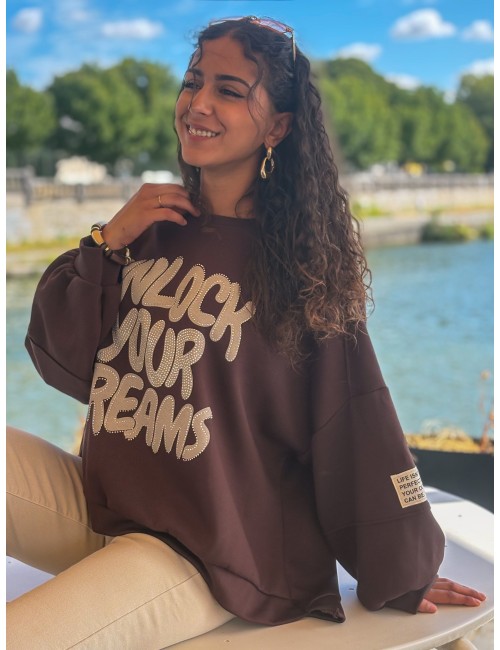 Sweat-shirt oversize à motifs en strass choco FANNY