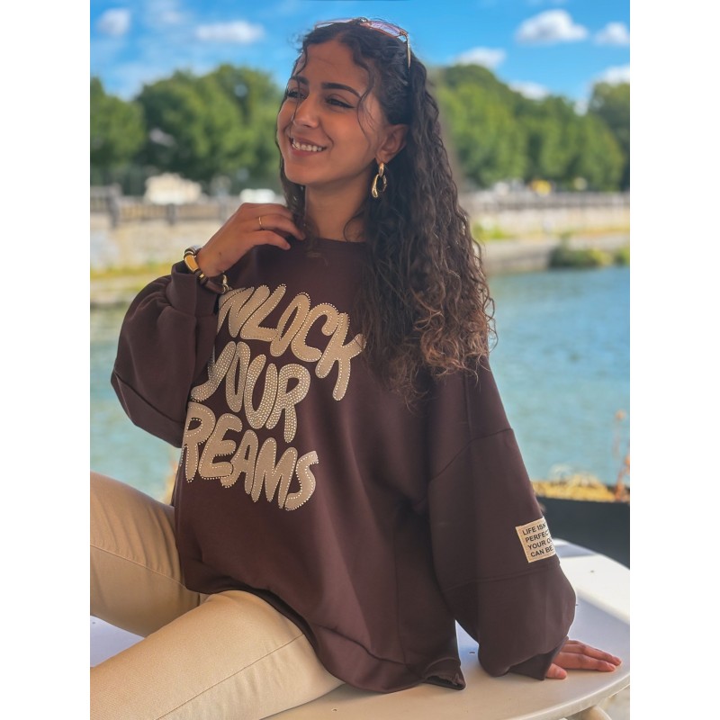 Sweat-shirt oversize à motifs en strass choco FANNY