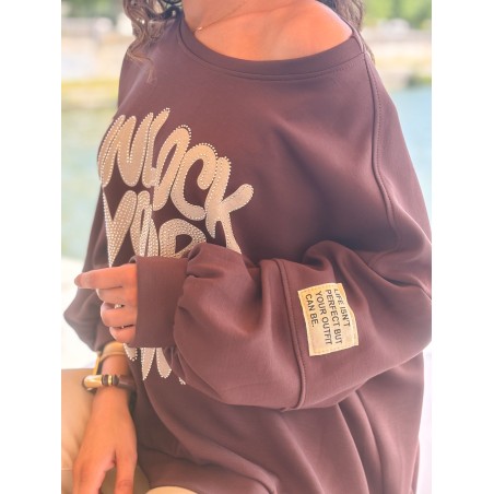 Sweat-shirt oversize à motifs en strass choco FANNY