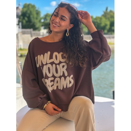 Sweat-shirt oversize à motifs en strass choco FANNY