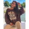 Sweat-shirt oversize à motifs en strass choco FANNY