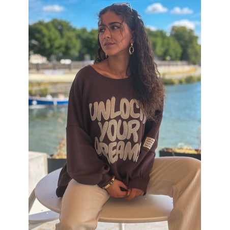 Sweat-shirt oversize à motifs en strass choco FANNY