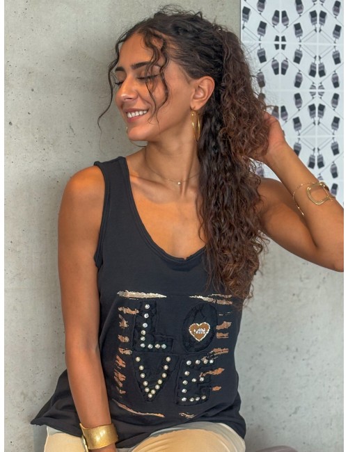 Débardeur à motifs et strass noir AURELIE