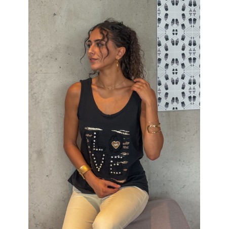 Débardeur à motifs et strass noir AURELIE