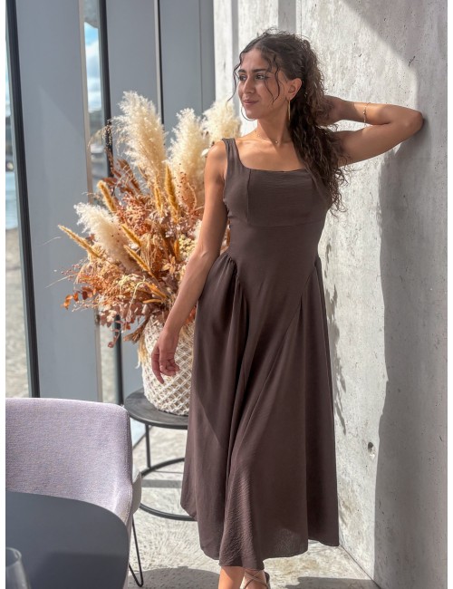 Robe longue fluide et évasée choco ALICIA