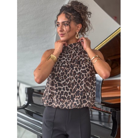Top fluide à col américain motifs léopard EMILIE