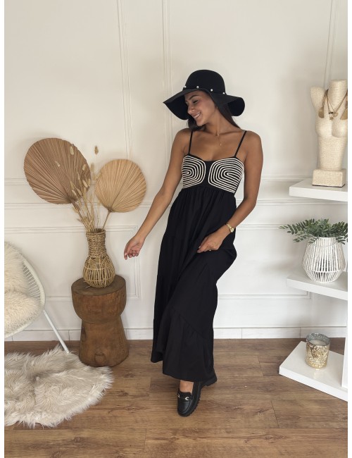 Robe longue brodée noir Segolene