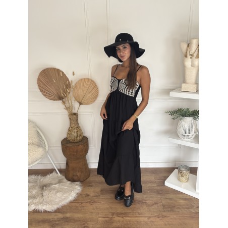 Robe longue brodée noir Segolene