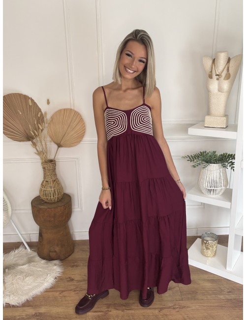 Robe longue brodée bordeaux Segolene