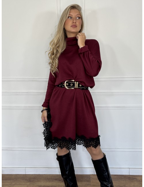 Robe-pull uni à dentelle bordeaux ANOUSHKA