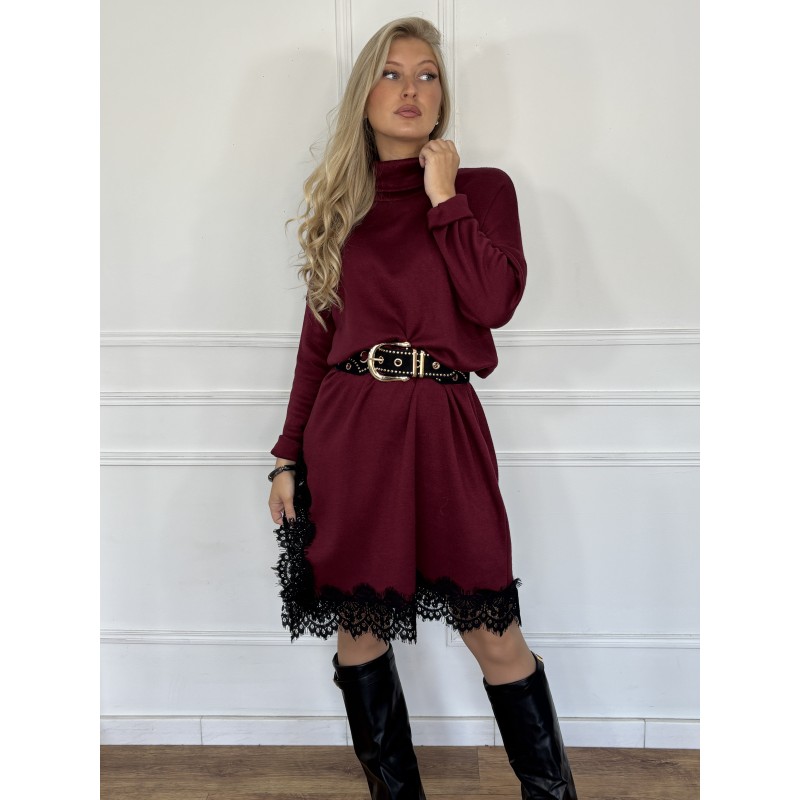 Robe-pull uni à dentelle bordeaux ANOUSHKA