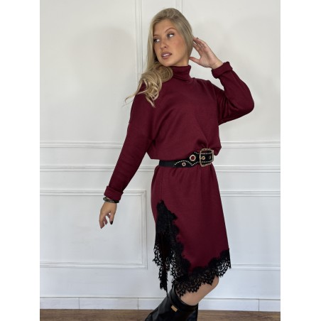 Robe-pull uni à dentelle bordeaux ANOUSHKA