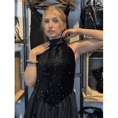 Robe courte sans manches à sequins noire ANASTACIA