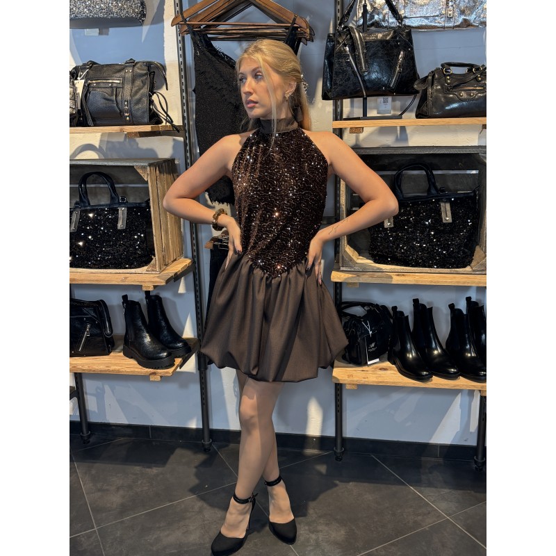 Robe courte sans manches à sequins choco ANASTACIA