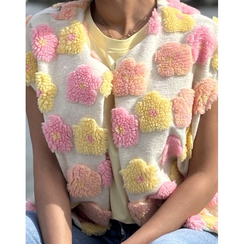 Gilet sans manche relief à fleurs jaune Audrey