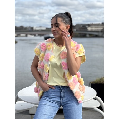 Gilet sans manche relief à fleurs jaune Audrey