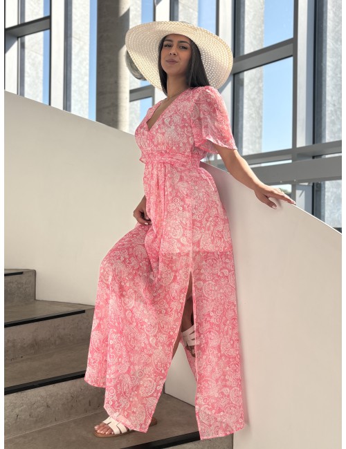 Robe longue imprimée fluide rose ABBY