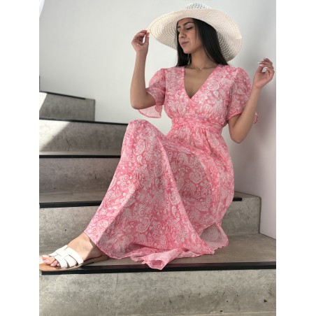 Robe longue imprimée fluide rose ABBY