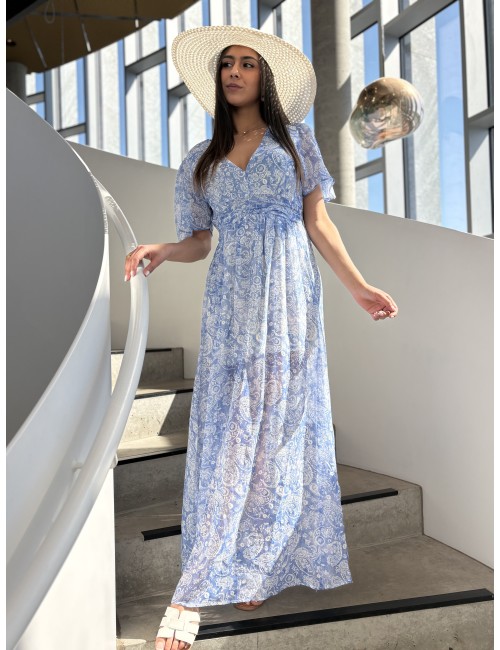 Robe longue imprimée fluide bleue ciel ABBY