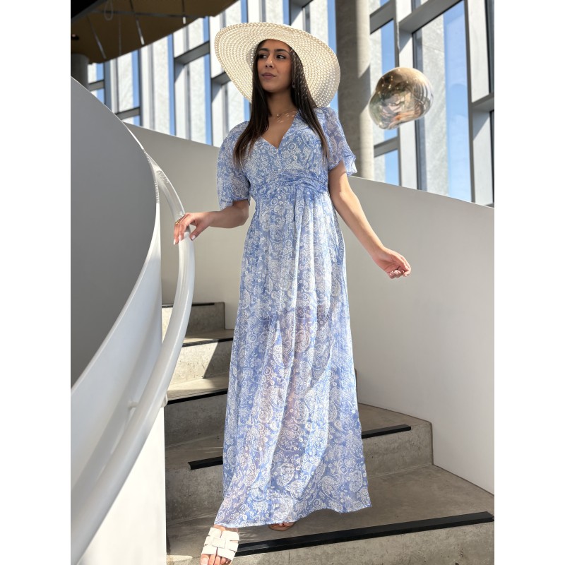 Robe longue imprimée fluide bleue ciel ABBY