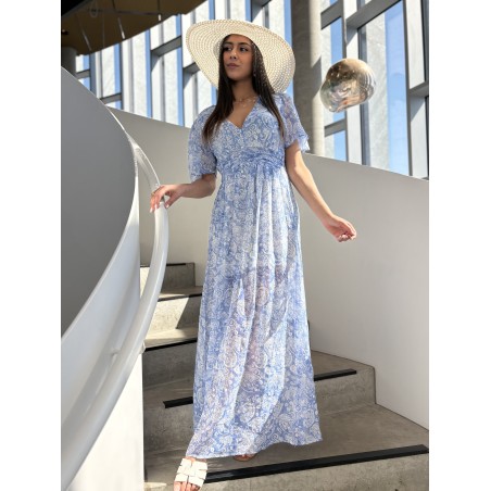 Robe longue imprimée fluide bleue ciel ABBY