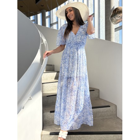 Robe longue imprimée fluide bleue ciel ABBY